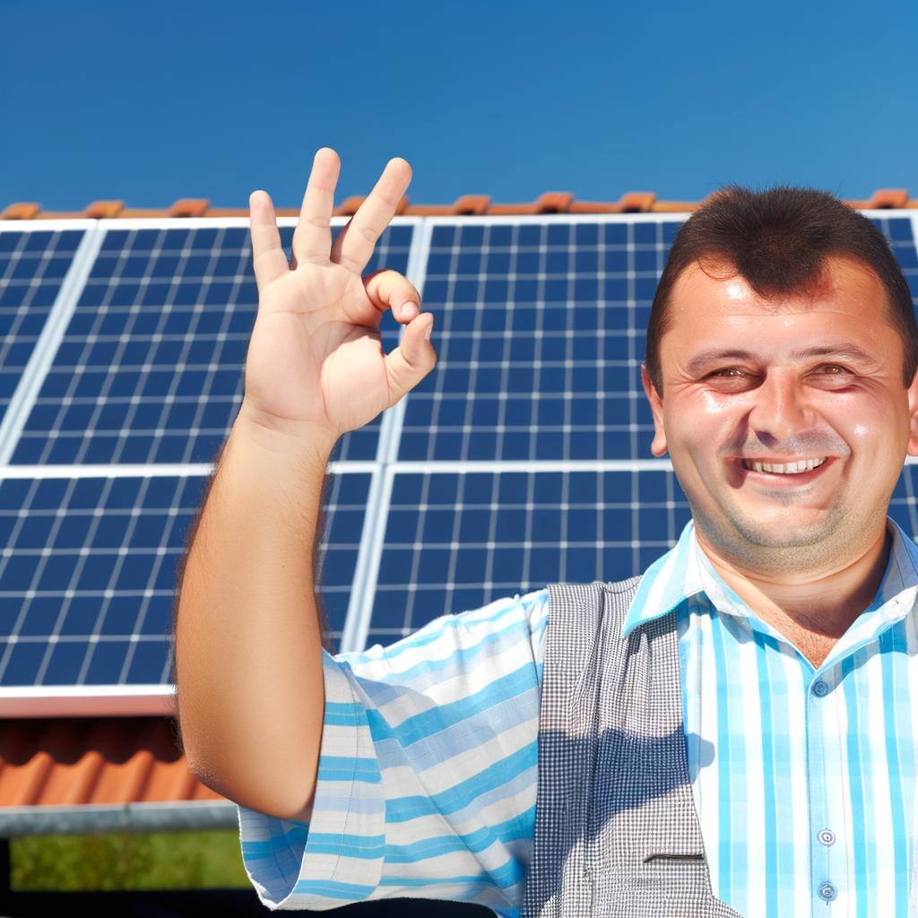 romanian man happy with ok sign behind installation of solar panel equipment