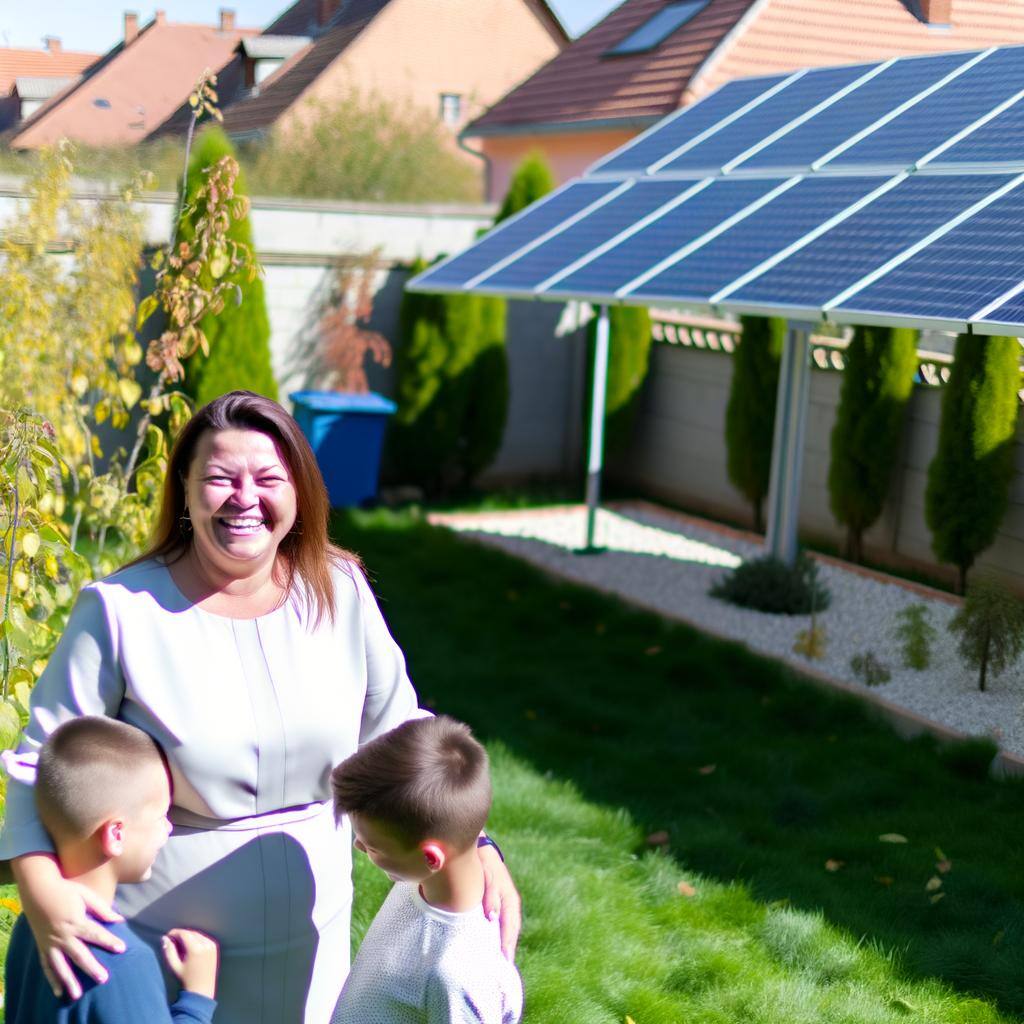 romanian woman middle aged professional cluj in garden happy with kids after installing solar panels 5 meters from person view