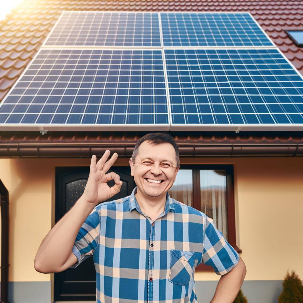 romanian man happy with ok sign behind solar panel house installation mid aged high quality 4k 8k